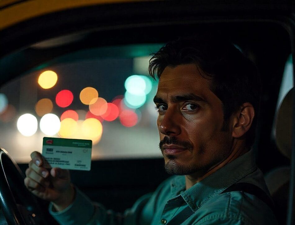 Nighttime portrait of a Mexican auto driver in his car, holding a @Mexican Auto Insurance card, city lights reflecting in the windshield.